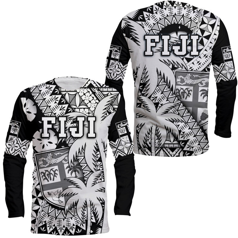 Fiji Coat Of Arms Long Sleeve Shirt Masi Tapa Mixed Palm Tree No1 Black Version LT9 Unisex Black - Polynesian Pride