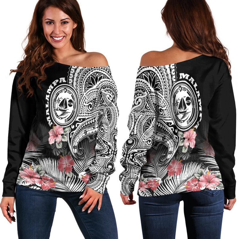 Vanuatu Malampa Province Women Off Shoulder Sweater Hibiscus Tribal Polynesian Tattoo Ver Black LT9 - Polynesian Pride