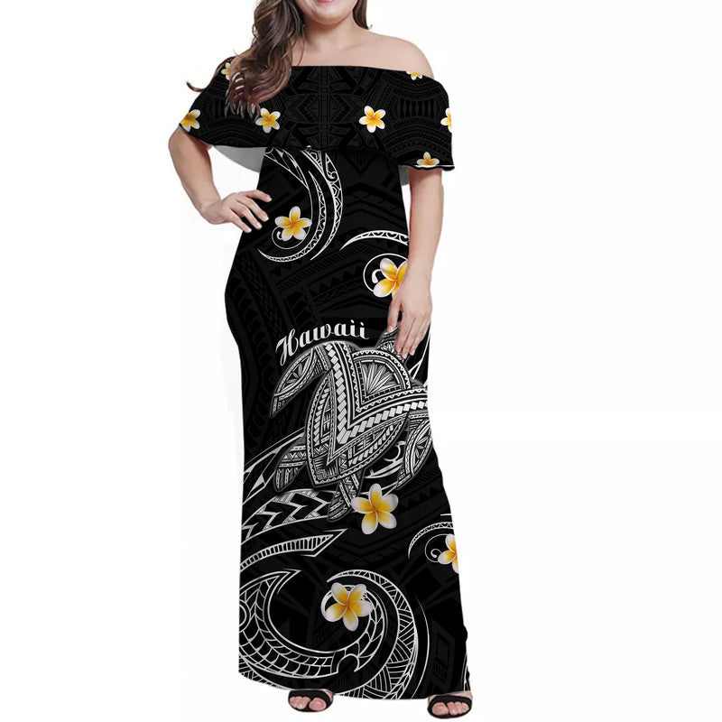 Hawaii Women Off Shoulder Long Dress Hawaiian Turtle Plumeria Mixed Polynesian Black Style LT9 Women Black - Polynesian Pride