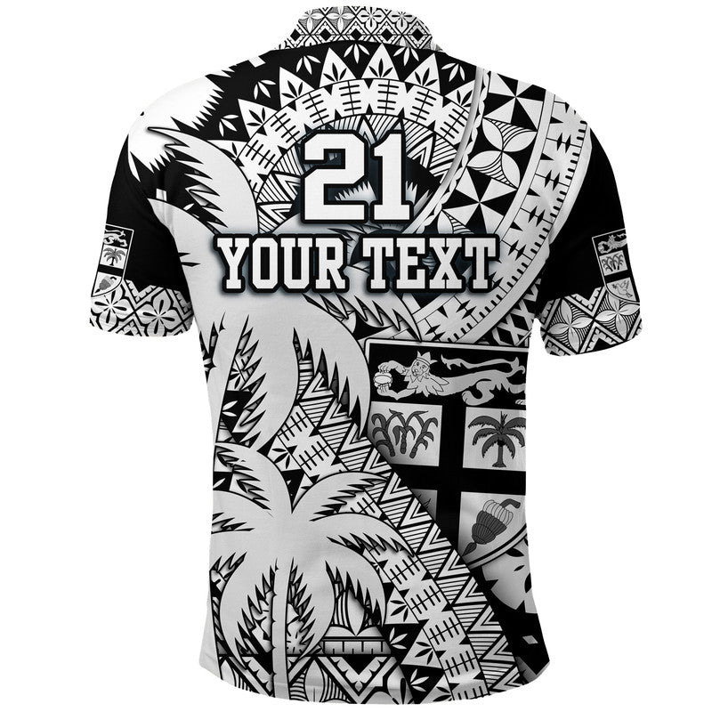 Custom Fiji Coat Of Arms Polo Shirt Masi Tapa Mixed Palm Tree No1 Black Version LT9 - Polynesian Pride