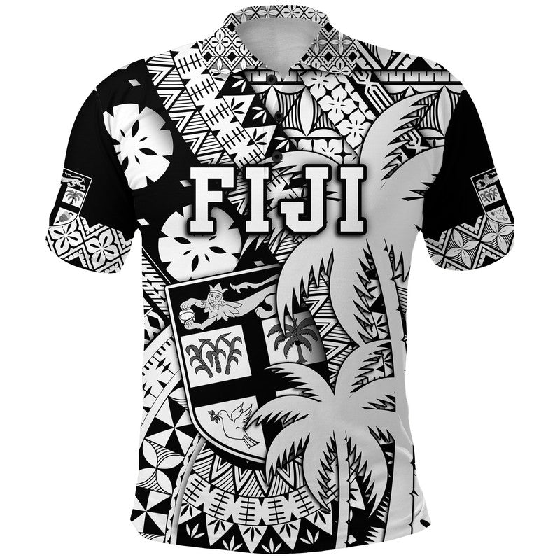 Fiji Coat Of Arms Polo Shirt Masi Tapa Mixed Palm Tree No1 Black Version LT9 Black - Polynesian Pride