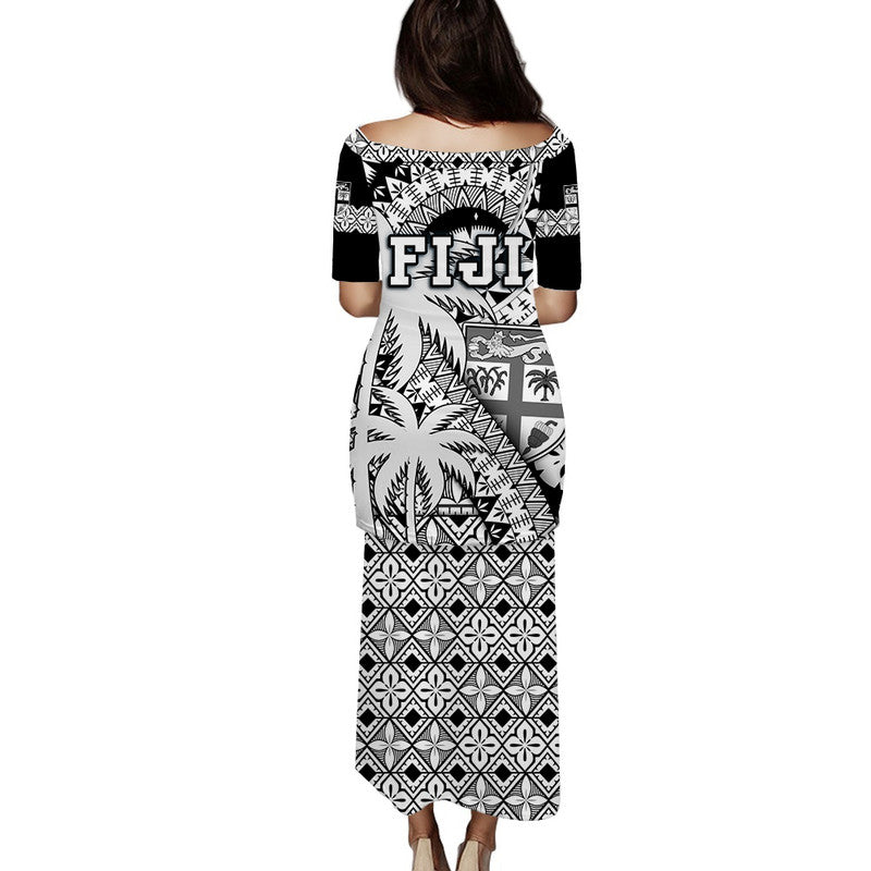 Fiji Coat Of Arms Puletasi Dress Masi Tapa Mixed Palm Tree No1 Black Version LT9 - Polynesian Pride