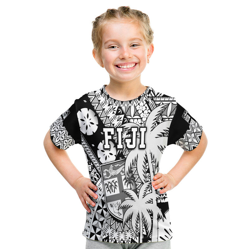 Fiji Coat of Arms T Shirt Masi Tapa Mixed Palm Tree No1 Black Version LT9 - Polynesian Pride