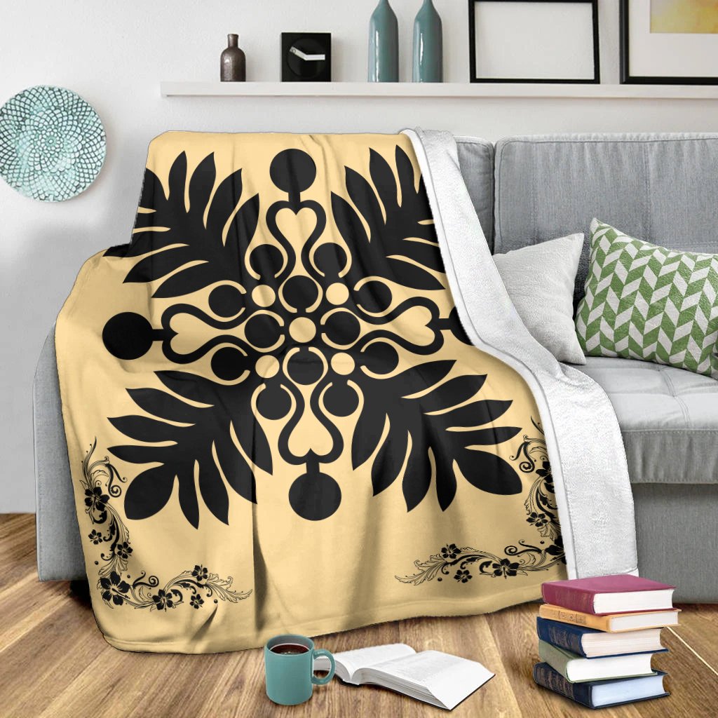 Hawaiian Quilt Maui Plant And Hibiscus Premium Blanket - Black Beige - AH - Polynesian Pride
