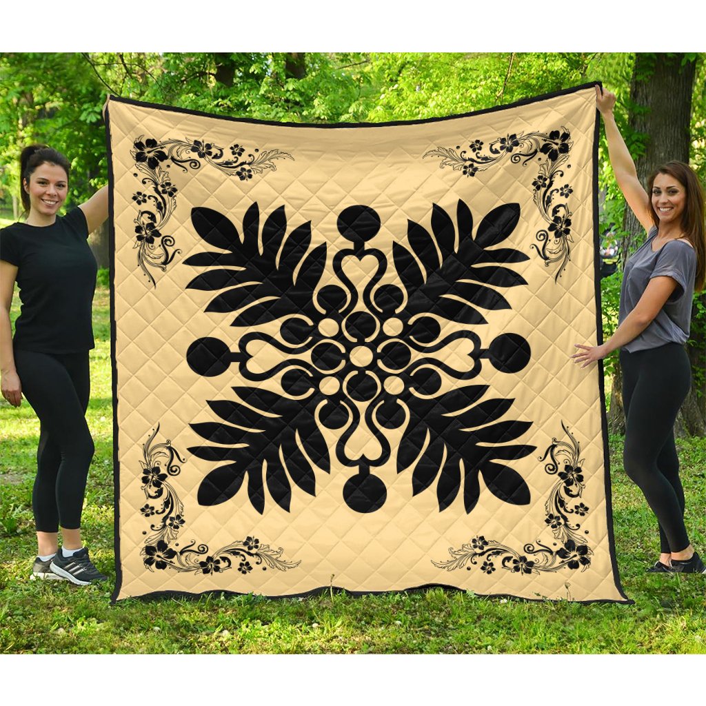 Hawaiian Quilt Maui Plant And Hibiscus Premium Quilt - Black Beige - AH Black - Polynesian Pride