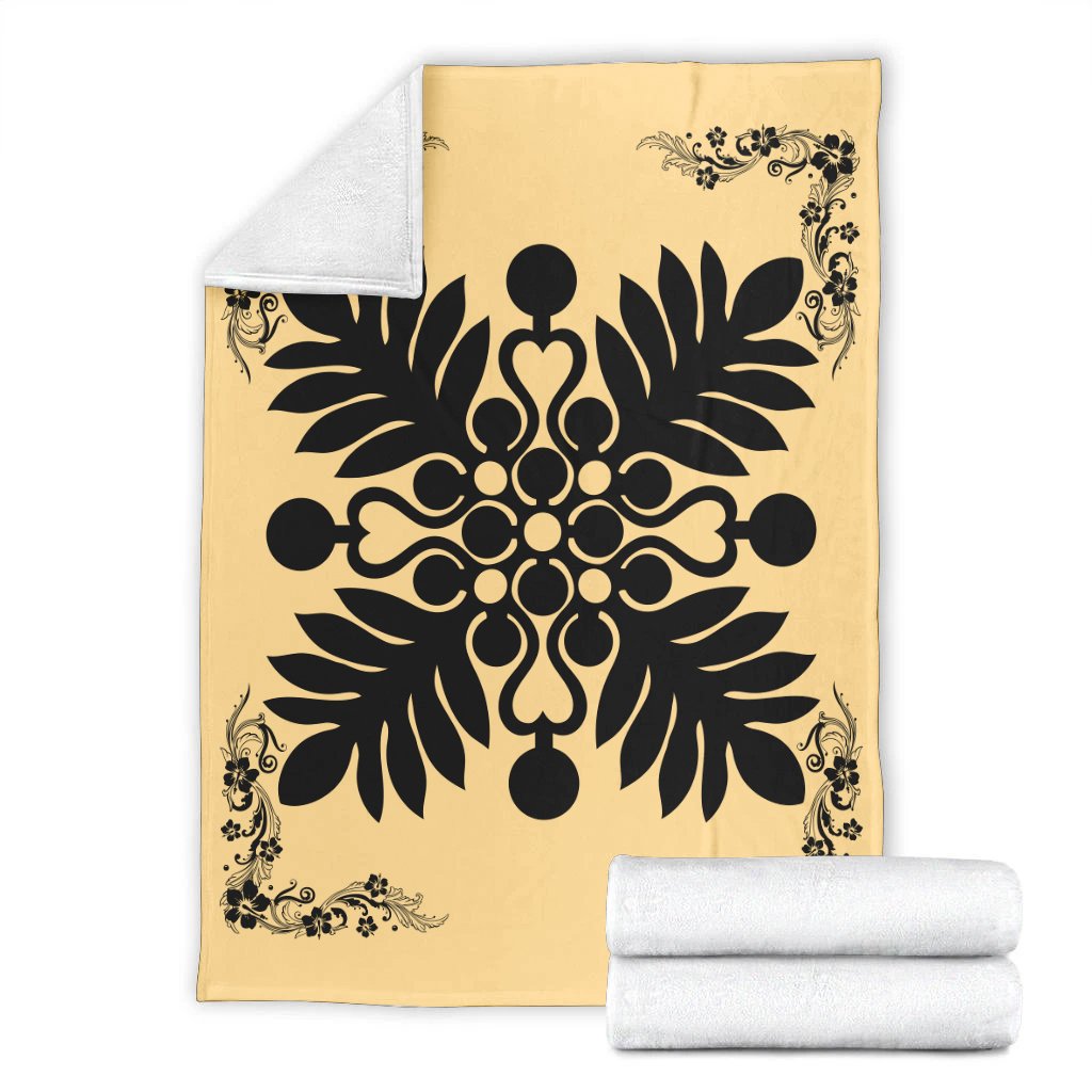 Hawaiian Quilt Maui Plant And Hibiscus Premium Blanket - Black Beige - AH - Polynesian Pride
