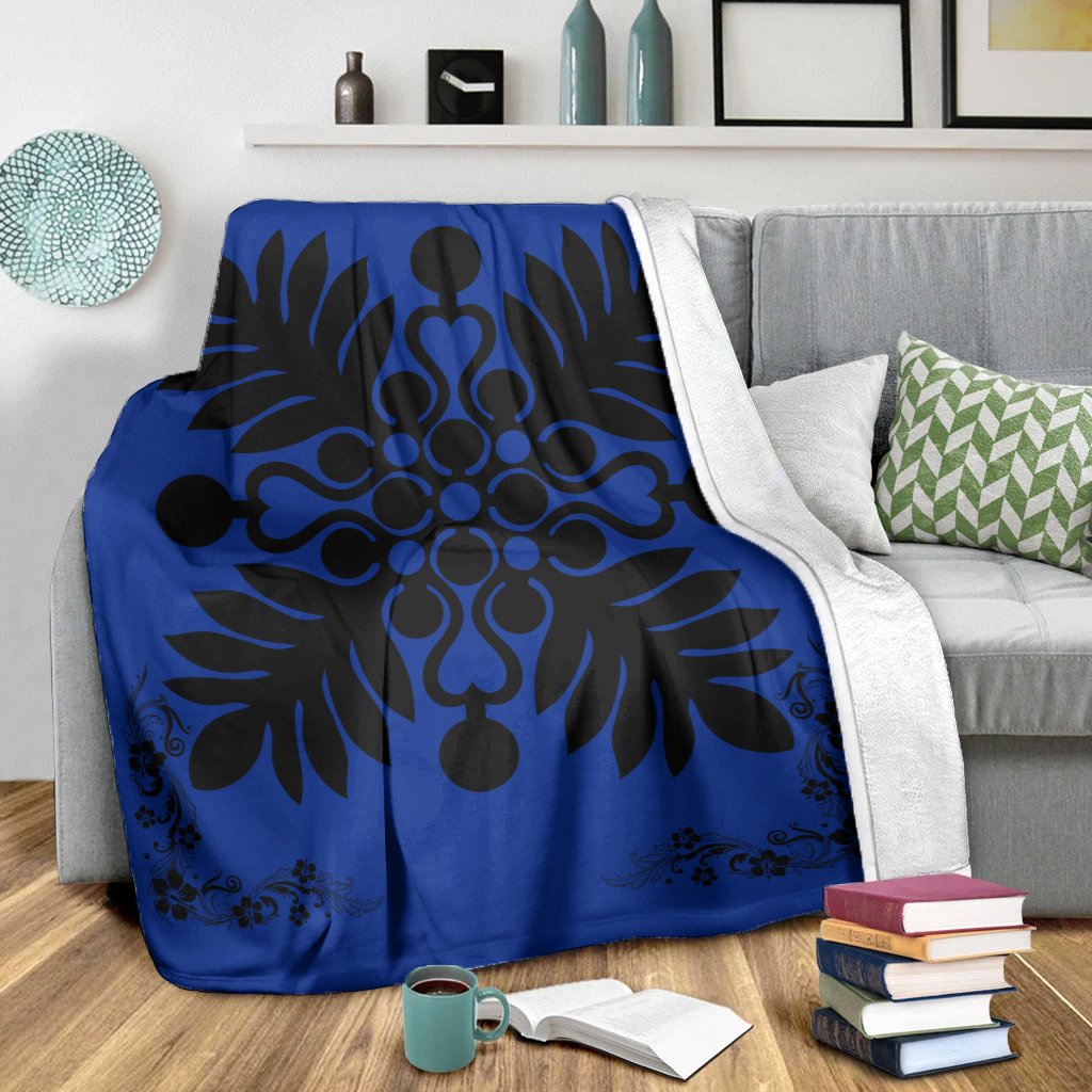 Hawaiian Quilt Maui Plant And Hibiscus Premium Blanket - Black Blue - AH - Polynesian Pride