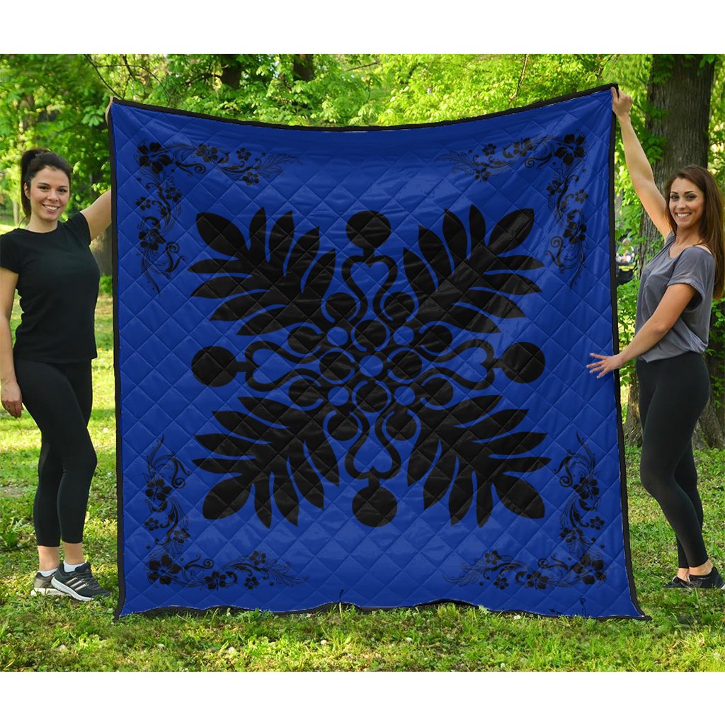 Hawaiian Quilt Maui Plant And Hibiscus Premium Quilt - Black Blue - AH Black - Polynesian Pride