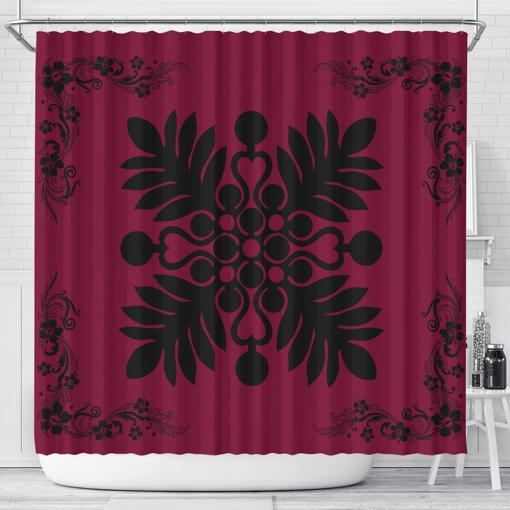 Hawaiian Quilt Maui Plant And Hibiscus Shower Curtain - Black Burgundy - AH 177 x 172 (cm) Black - Polynesian Pride