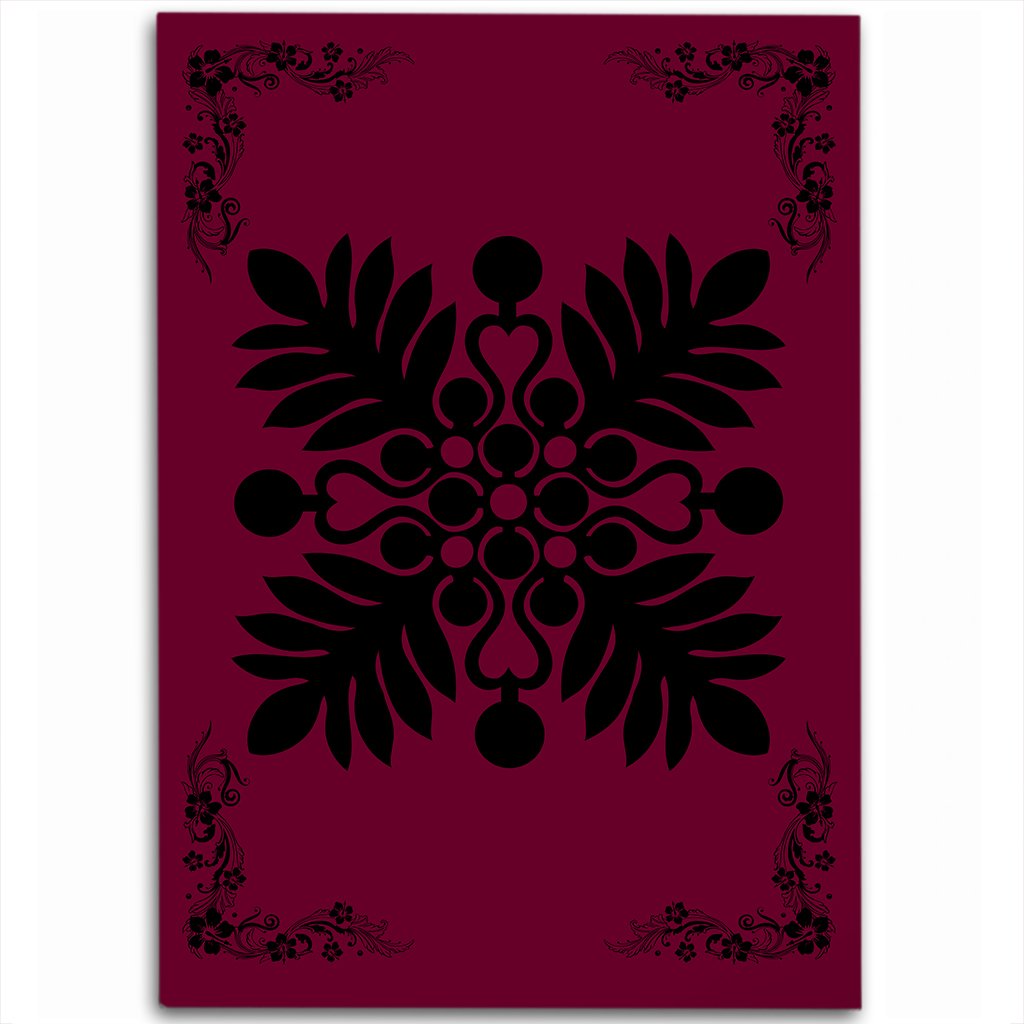 Hawaiian Quilt Maui Plant And Hibiscus Pattern Area Rug - Black Burgundy - AH Black - Polynesian Pride