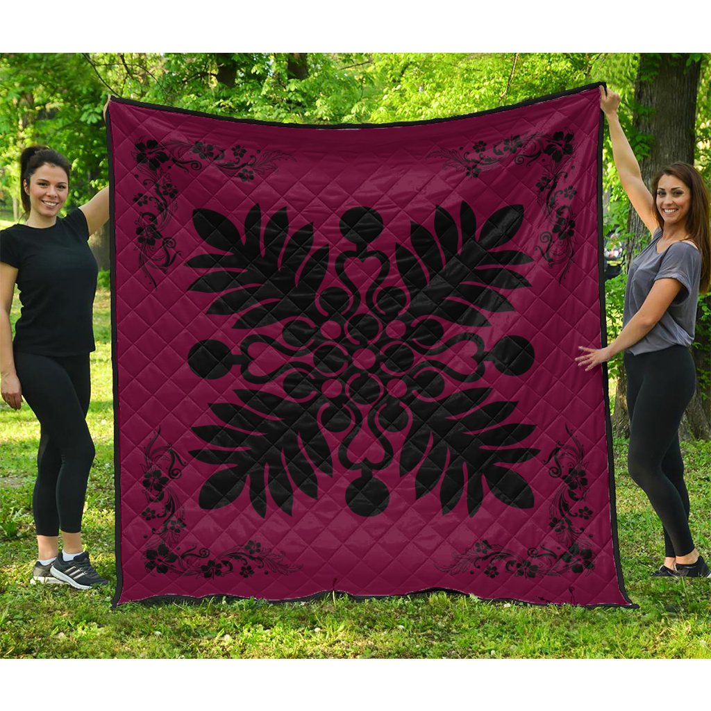 Hawaiian Quilt Maui Plant And Hibiscus Premium Quilt - Black Burgundy - AH Black - Polynesian Pride