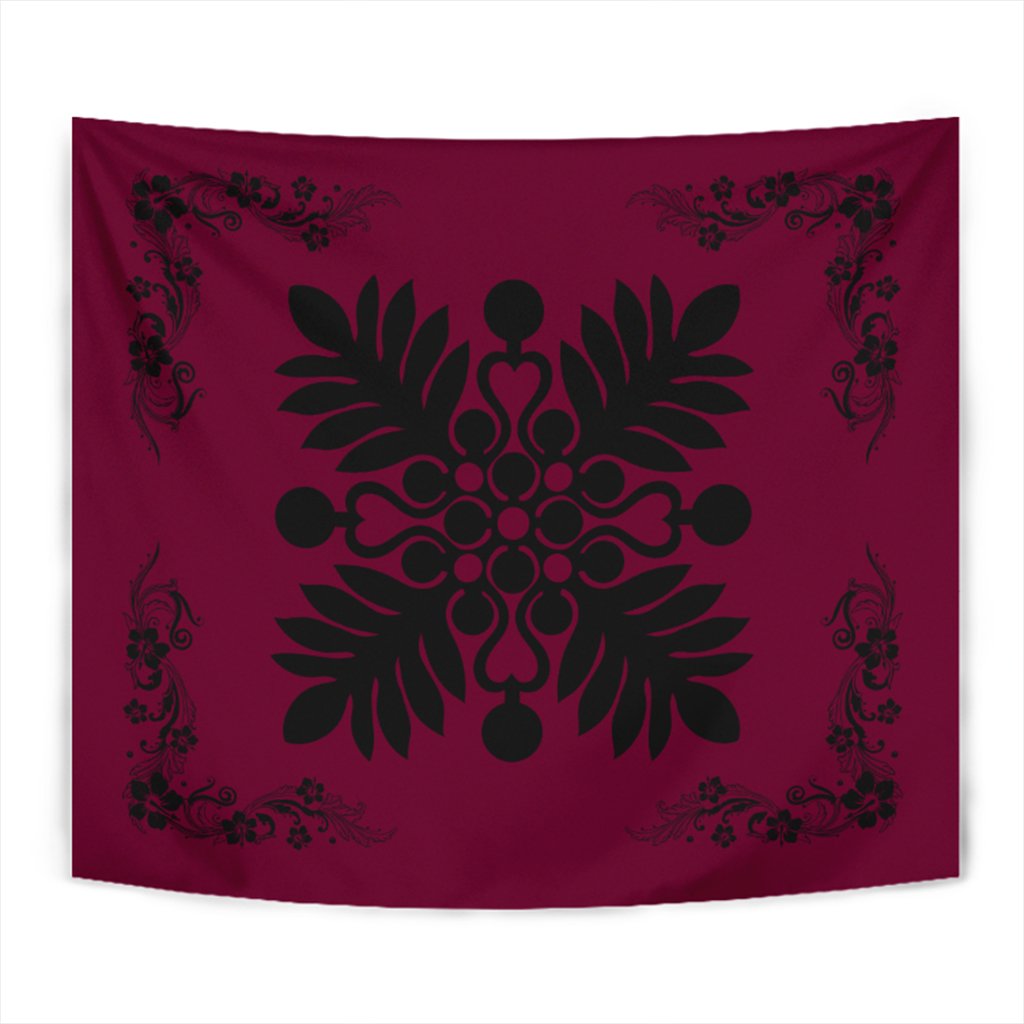 Hawaiian Quilt Maui Plant And Hibiscus Tappestry - Black Burgundy - AH Wall Tapestry Black - Polynesian Pride