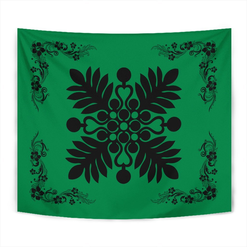 Hawaiian Quilt Maui Plant And Hibiscus Tappestry - Black Green - AH Wall Tapestry Black - Polynesian Pride