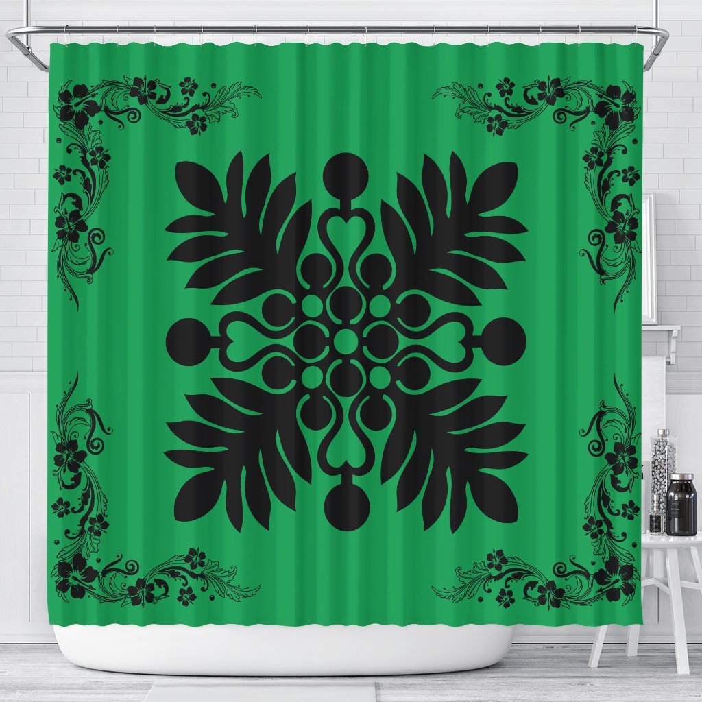 Hawaiian Quilt Maui Plant And Hibiscus Shower Curtain - Black Green - AH 177 x 172 (cm) Black - Polynesian Pride