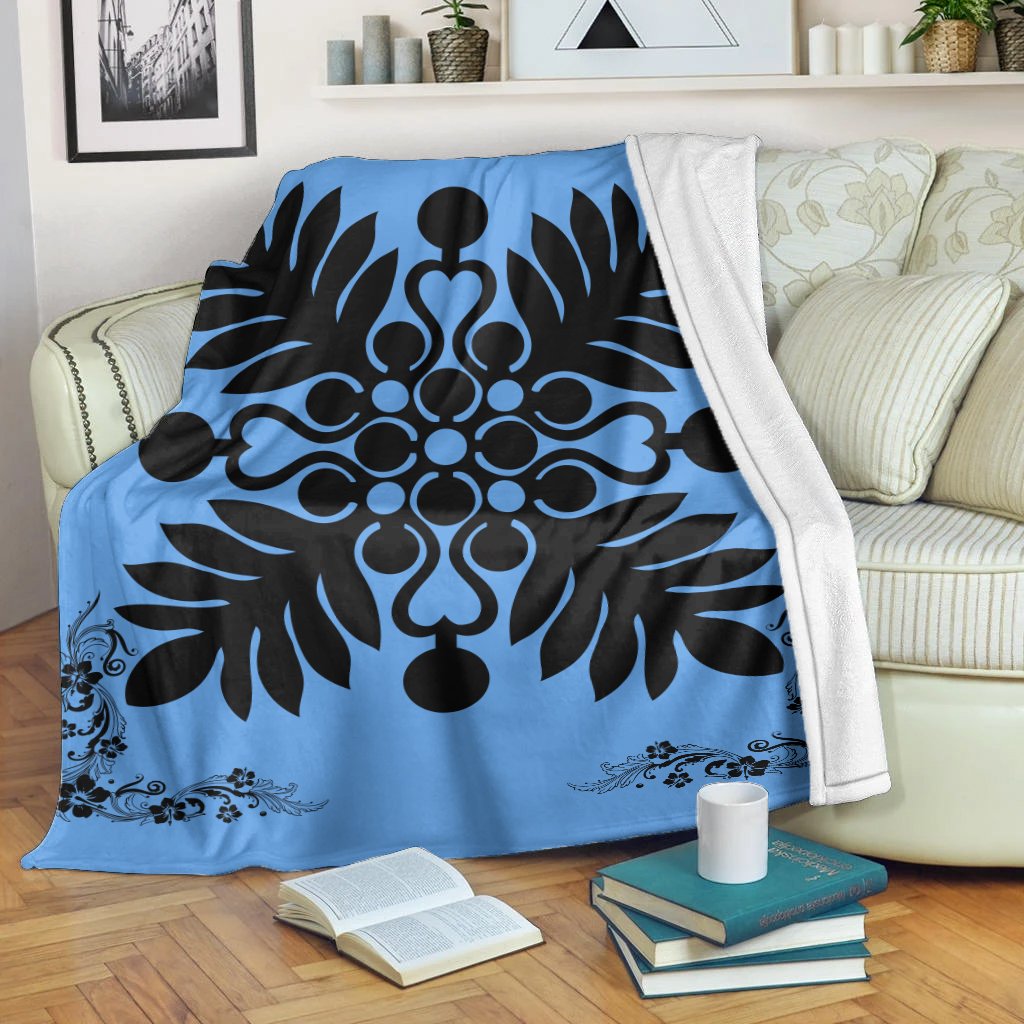 Hawaiian Quilt Maui Plant And Hibiscus Premium Blanket - Black Pastel - AH White - Polynesian Pride