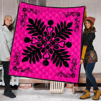 Hawaiian Quilt Maui Plant And Hibiscus Premium Quilt - Black Pink - AH - Polynesian Pride