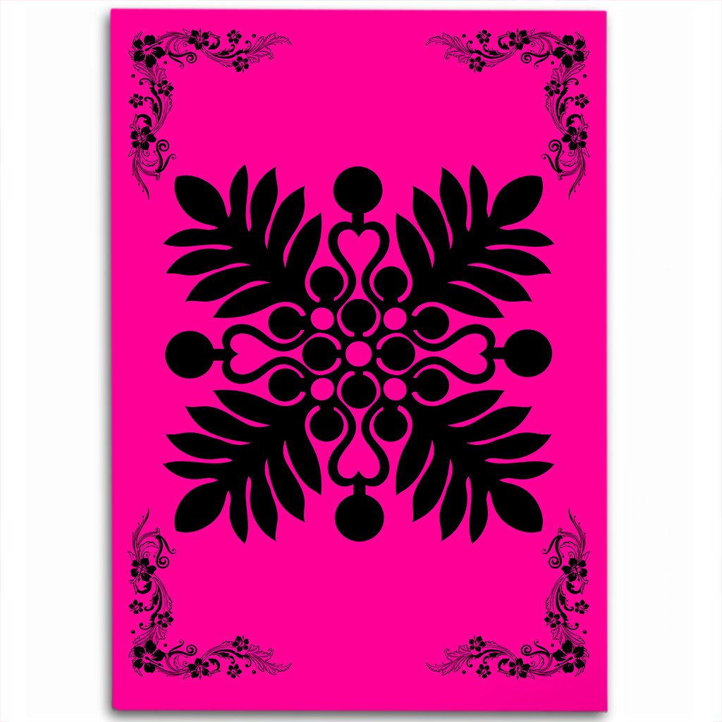 Hawaiian Quilt Maui Plant And Hibiscus Pattern Area Rug - Black Pink - AH Black - Polynesian Pride