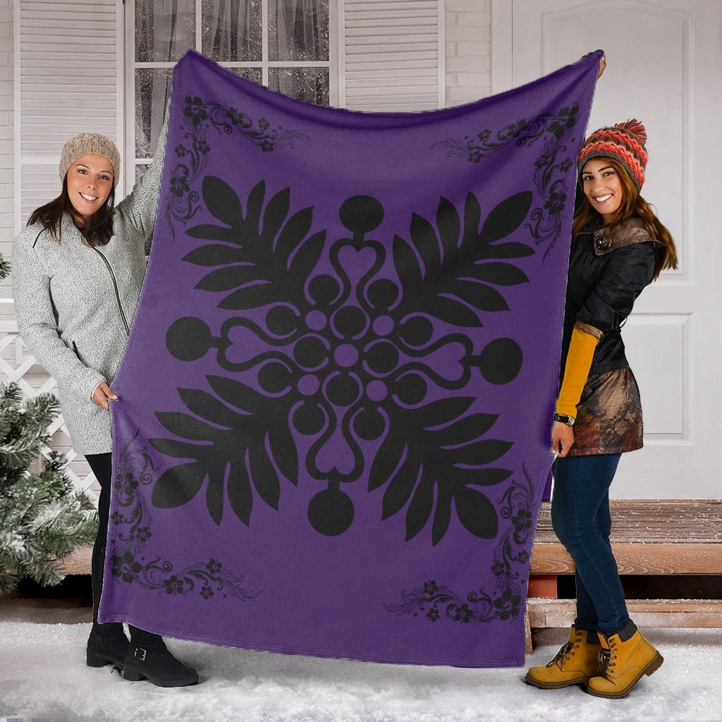 Hawaiian Quilt Maui Plant And Hibiscus Premium Blanket - Black Purple - AH - Polynesian Pride