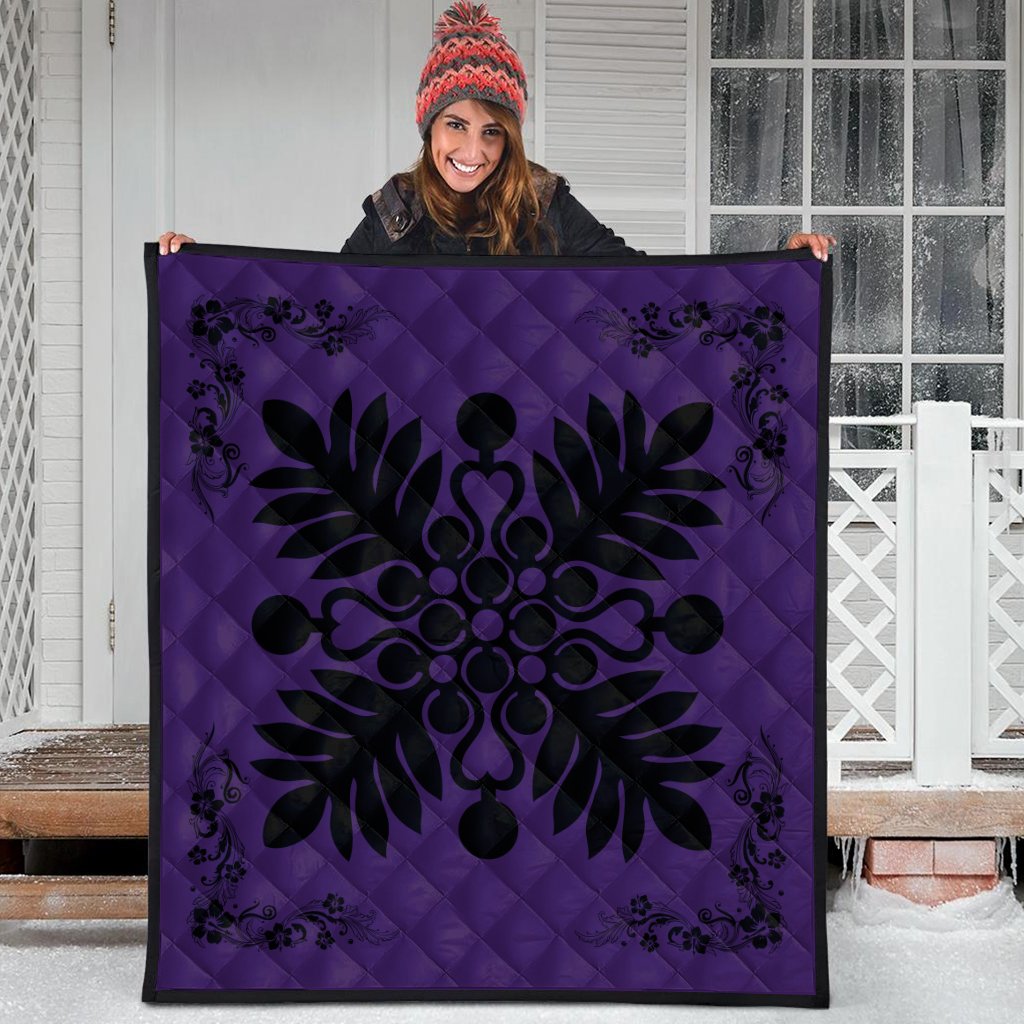 Hawaiian Quilt Maui Plant And Hibiscus Premium Quilt - Black Purple - AH - Polynesian Pride