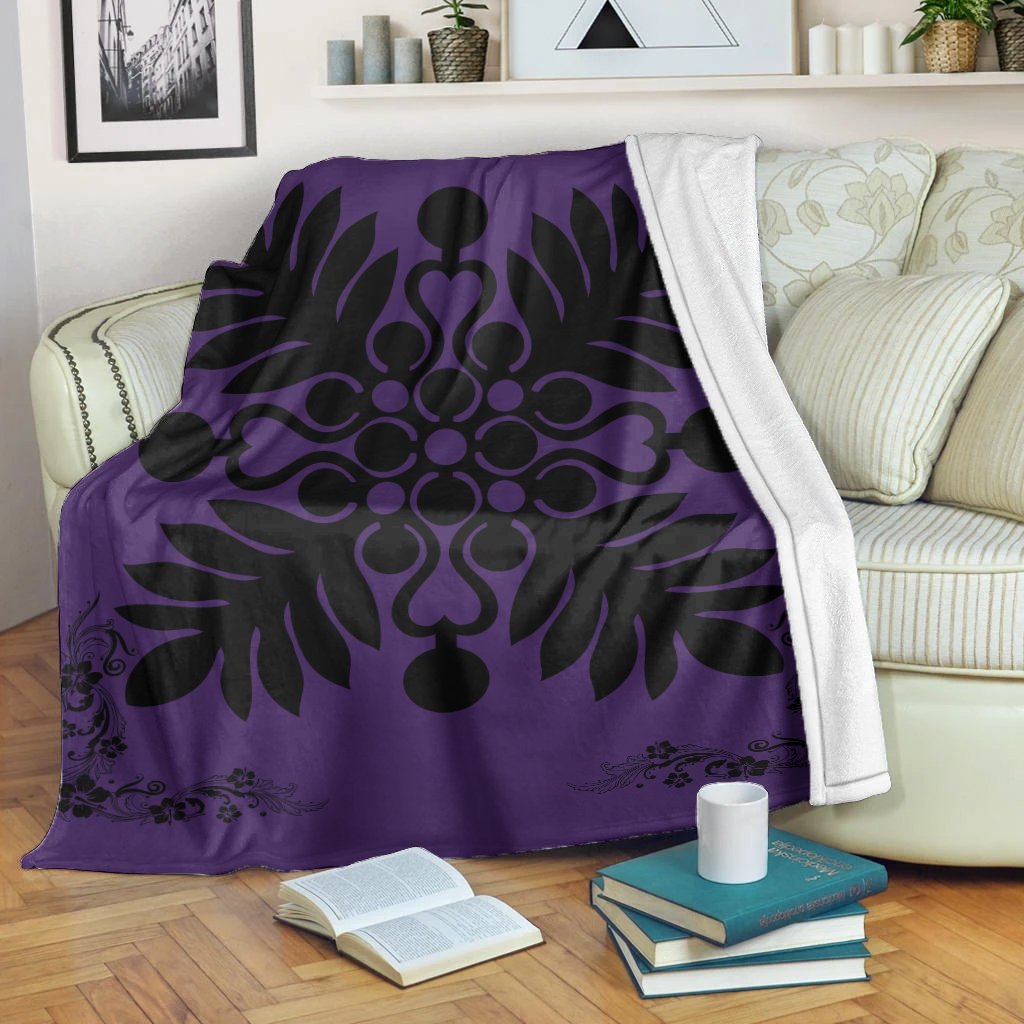 Hawaiian Quilt Maui Plant And Hibiscus Premium Blanket - Black Purple - AH White - Polynesian Pride