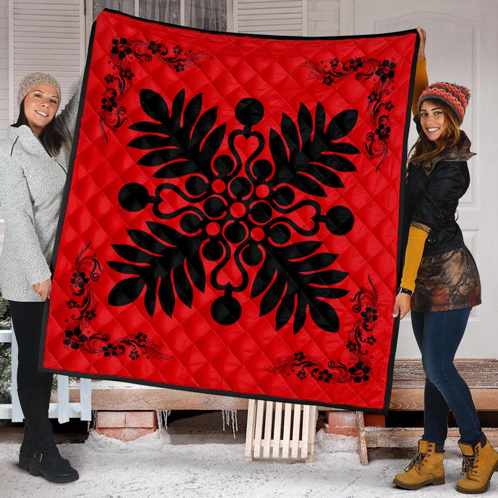 Hawaiian Quilt Maui Plant And Hibiscus Premium Quilt - Black Red - AH - Polynesian Pride