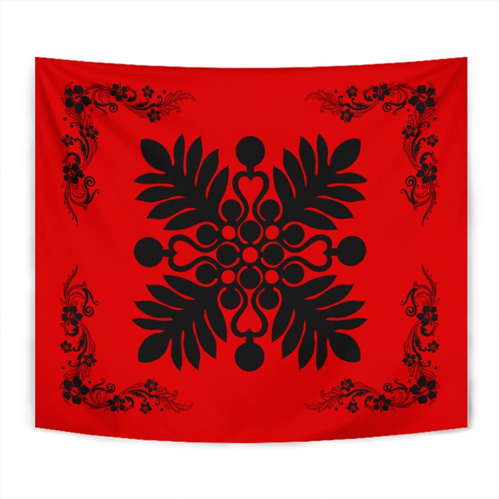 Hawaiian Quilt Maui Plant And Hibiscus Tappestry - Black Red - AH Wall Tapestry Black - Polynesian Pride