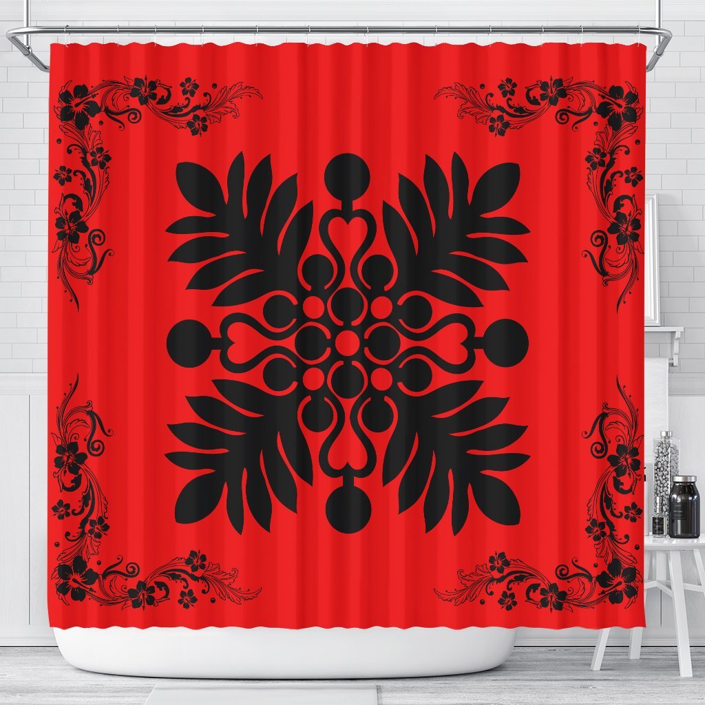 Hawaiian Quilt Maui Plant And Hibiscus Shower Curtain - Black Red - AH 177 x 172 (cm) Black - Polynesian Pride