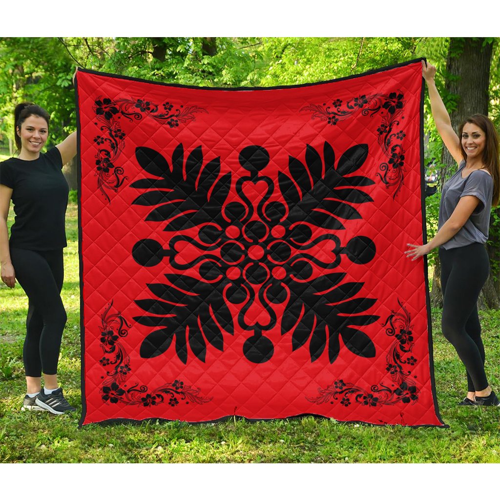 Hawaiian Quilt Maui Plant And Hibiscus Premium Quilt - Black Red - AH Black - Polynesian Pride