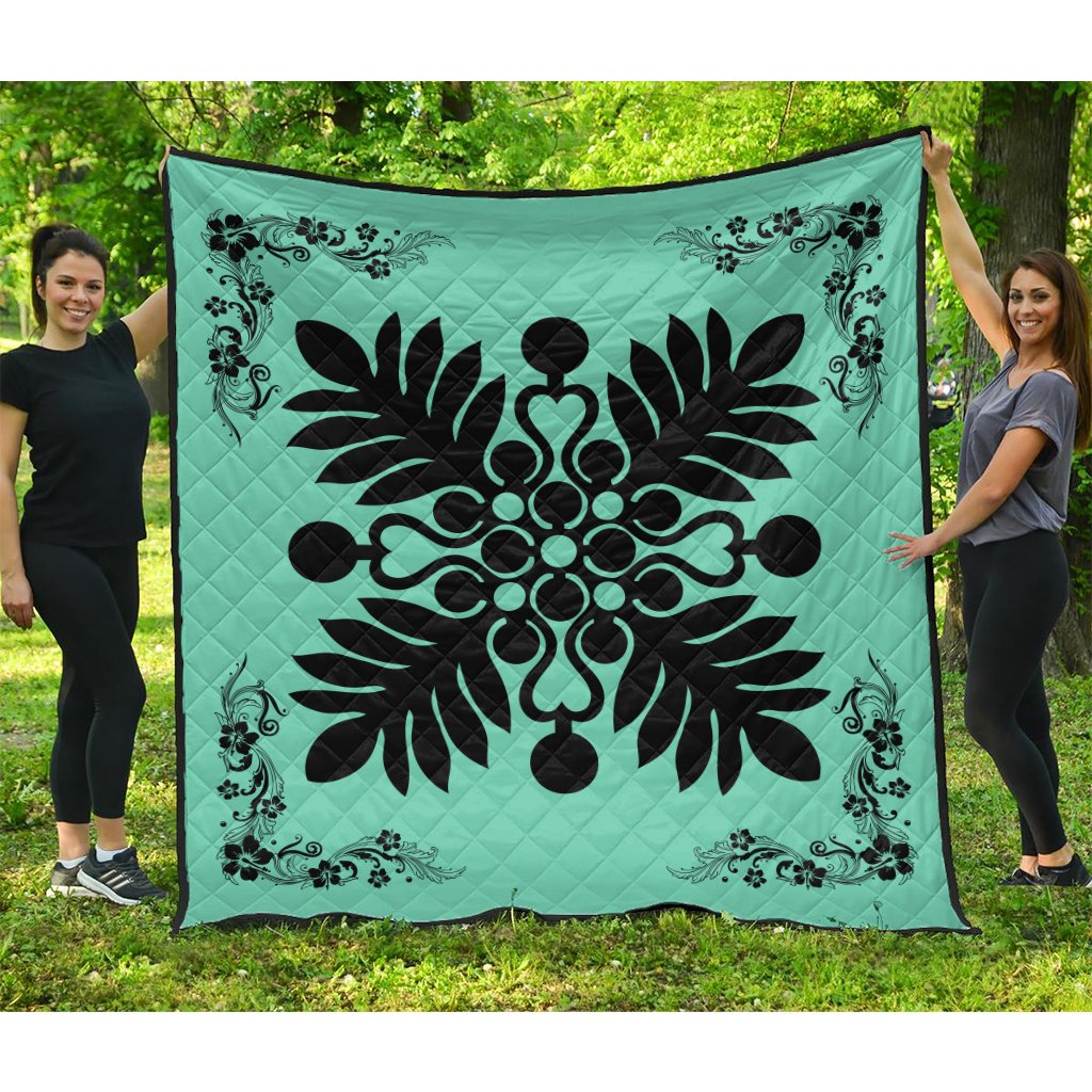 Hawaiian Quilt Maui Plant And Hibiscus Premium Quilt - Black Seafoarm - AH Black - Polynesian Pride