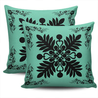 Hawaiian Quilt Maui Plant And Hibiscus Pattern Pillow Covers - Black Seafoarm - AH - Polynesian Pride