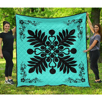 Hawaiian Quilt Maui Plant And Hibiscus Premium Quilt - Black Turquoise - AH Black - Polynesian Pride