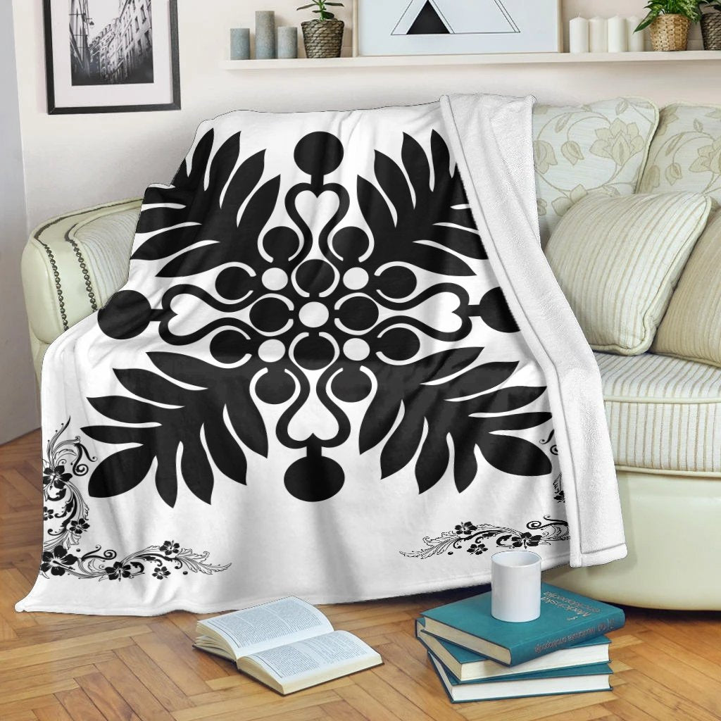 Hawaiian Quilt Maui Plant And Hibiscus Premium Blanket - Black White - AH White - Polynesian Pride