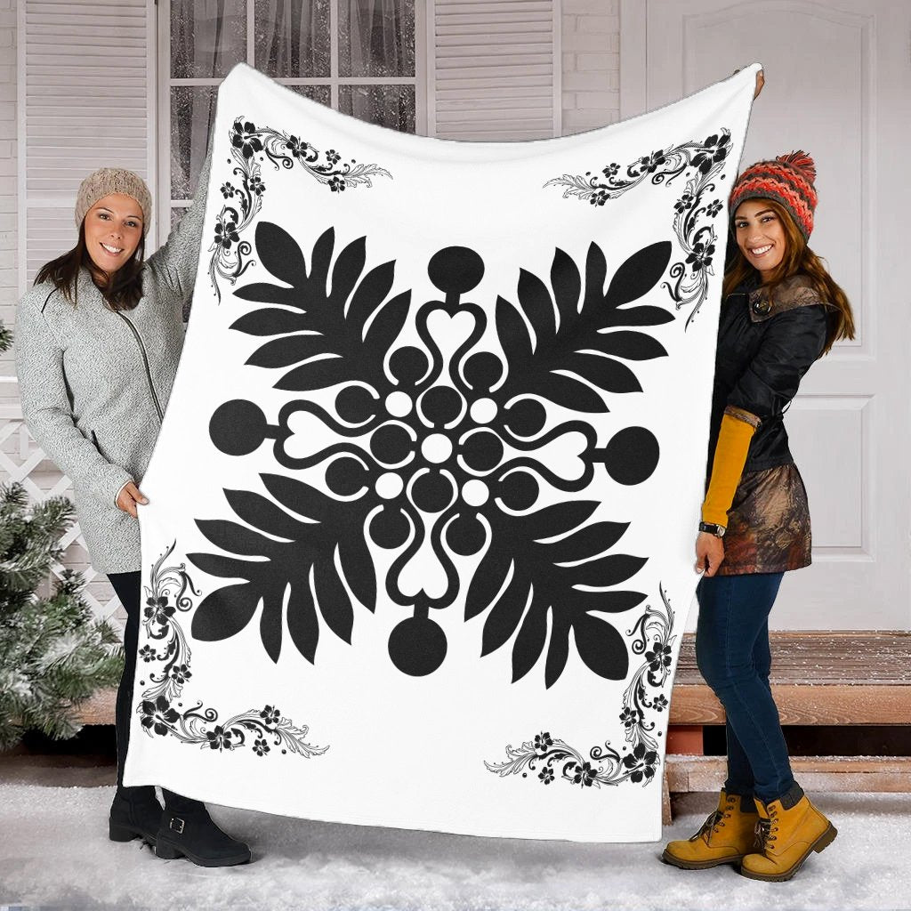 Hawaiian Quilt Maui Plant And Hibiscus Premium Blanket - Black White - AH - Polynesian Pride