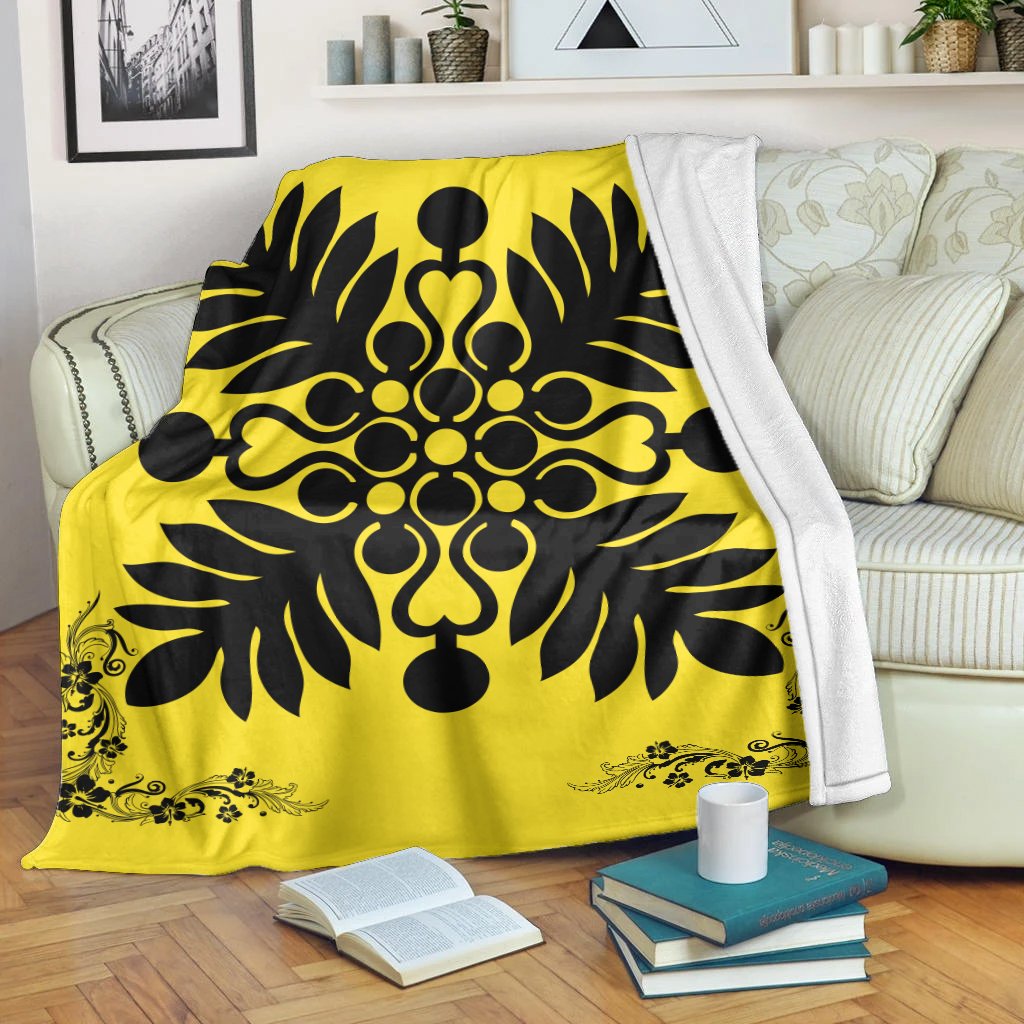 Hawaiian Quilt Maui Plant And Hibiscus Premium Blanket - Black Yellow - AH White - Polynesian Pride