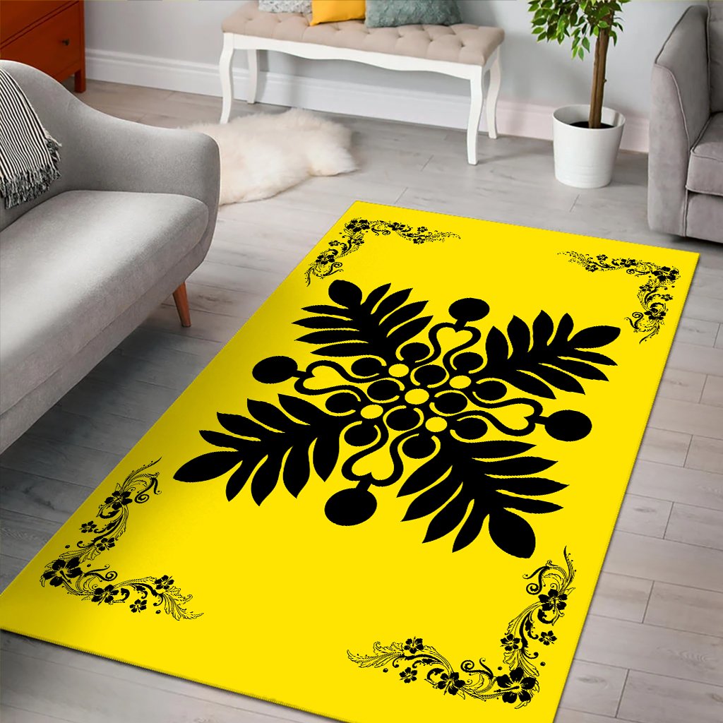 Hawaiian Quilt Maui Plant And Hibiscus Pattern Area Rug - Black Yellow - AH - Polynesian Pride