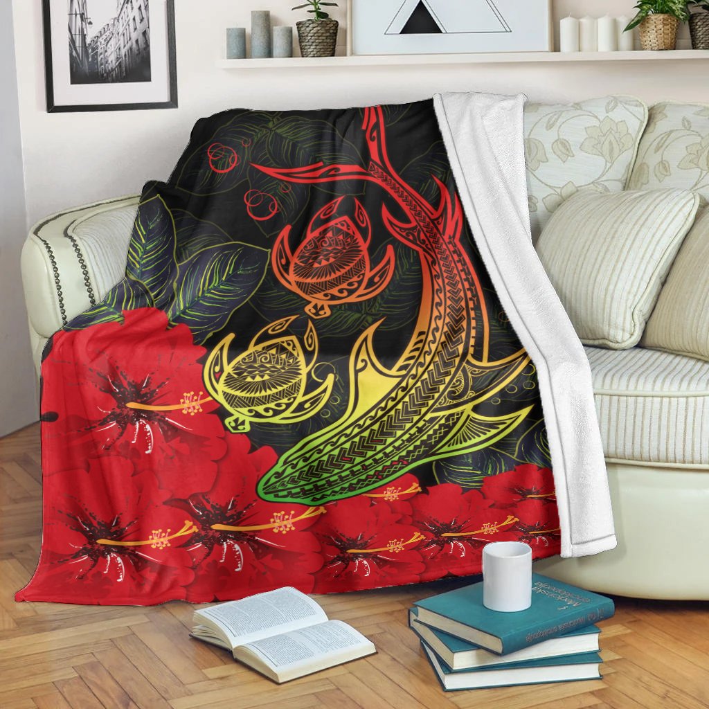 Hawaii Shark Turtle Hibiscus Polynesian Premium Blanket - Vera Style - AH White - Polynesian Pride