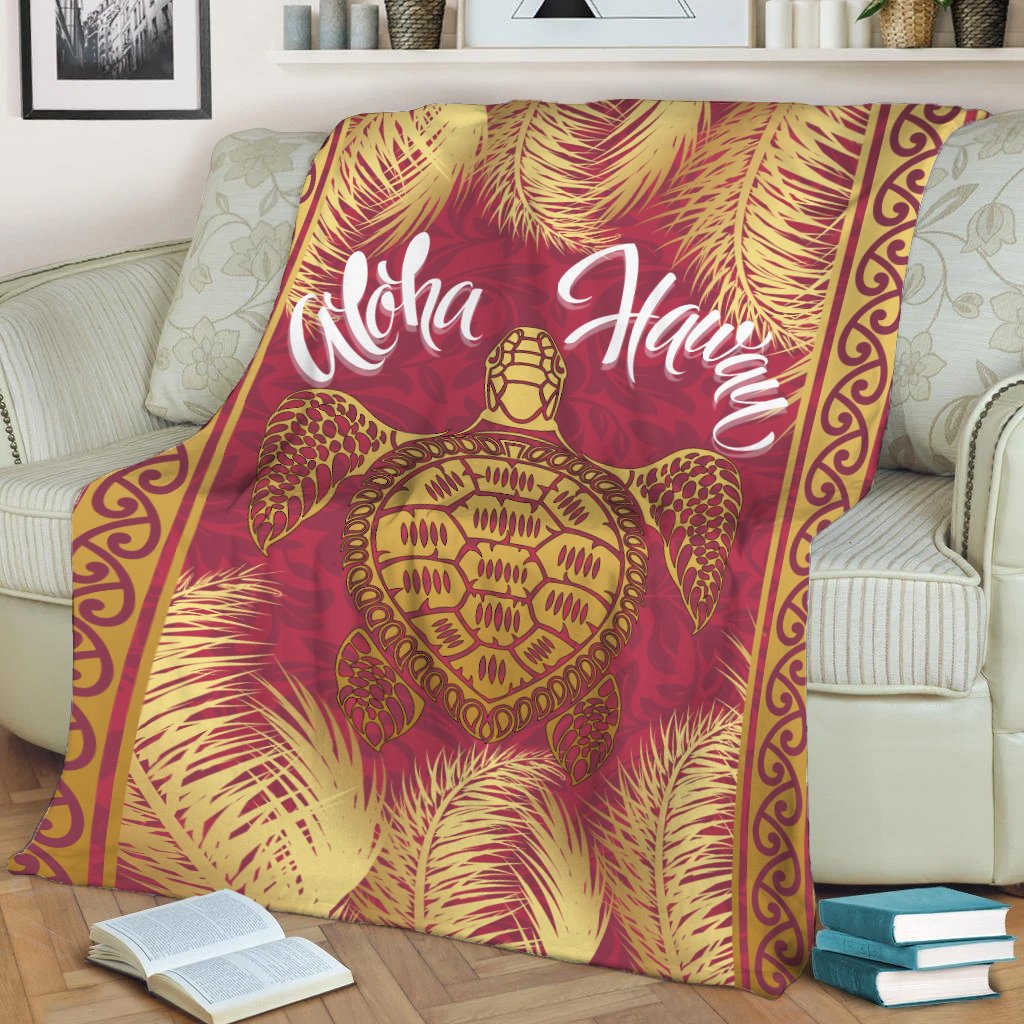 Hawaii Turtle Gold Tropical Leaves Polynesian Premium Blanket - Royal Style - AH White - Polynesian Pride