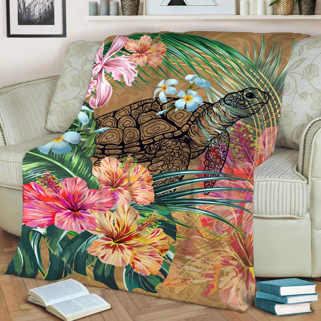 Hawaii Turtle Hibiscus Polynesian Gold Premium Blanket - Moon Style - AH White - Polynesian Pride