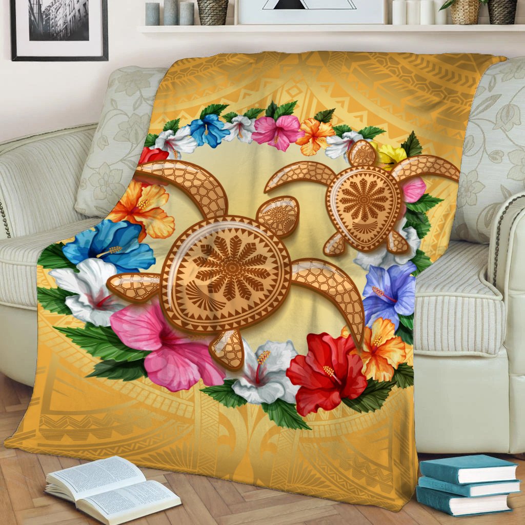 Hawaii Turtle Hibiscus Wreath Polynesian Premium Blanket - Crown Style - AH White - Polynesian Pride