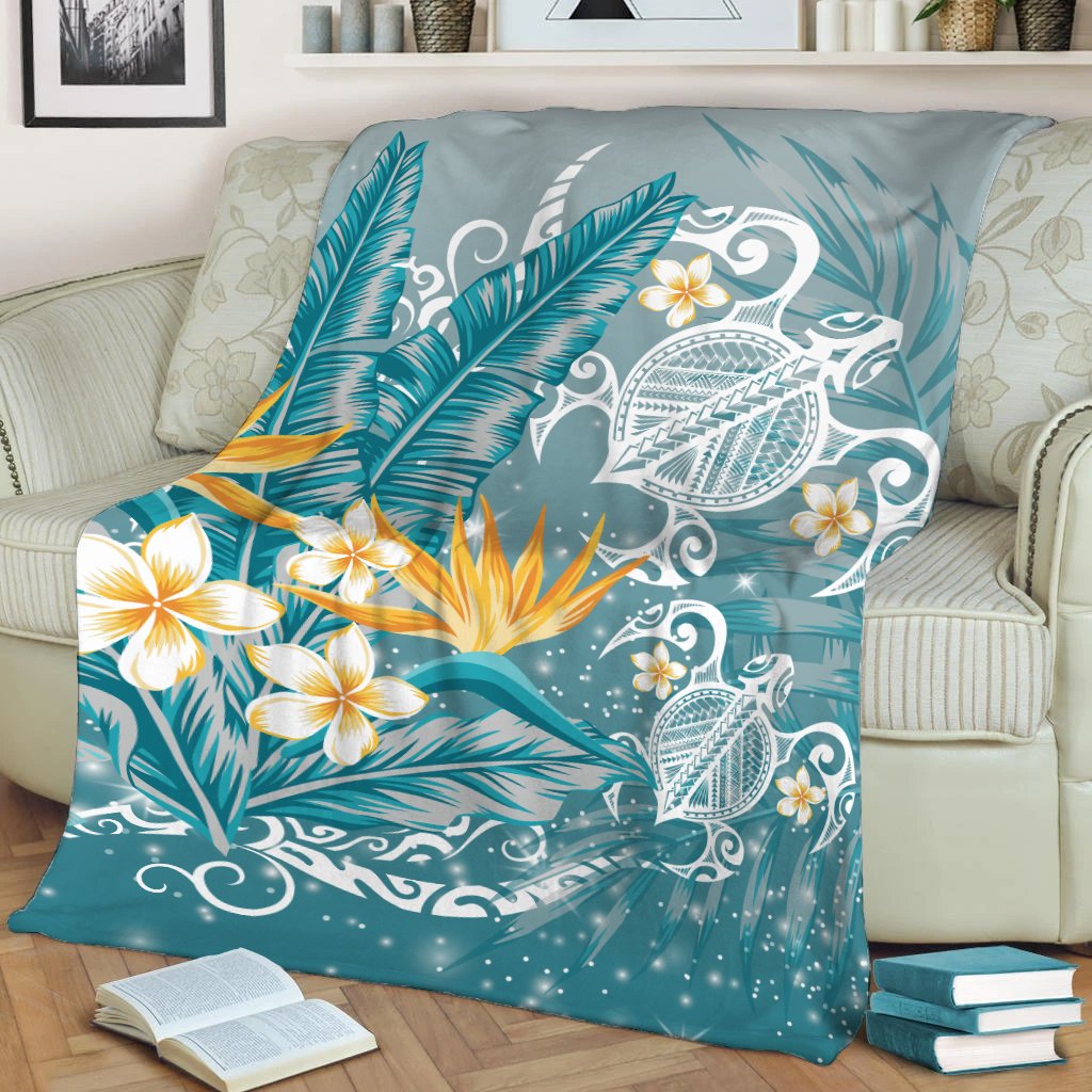 Hawaii Polynesian Turtles Plumeria Tropical Premium Blanket - Winter Style - AH White - Polynesian Pride