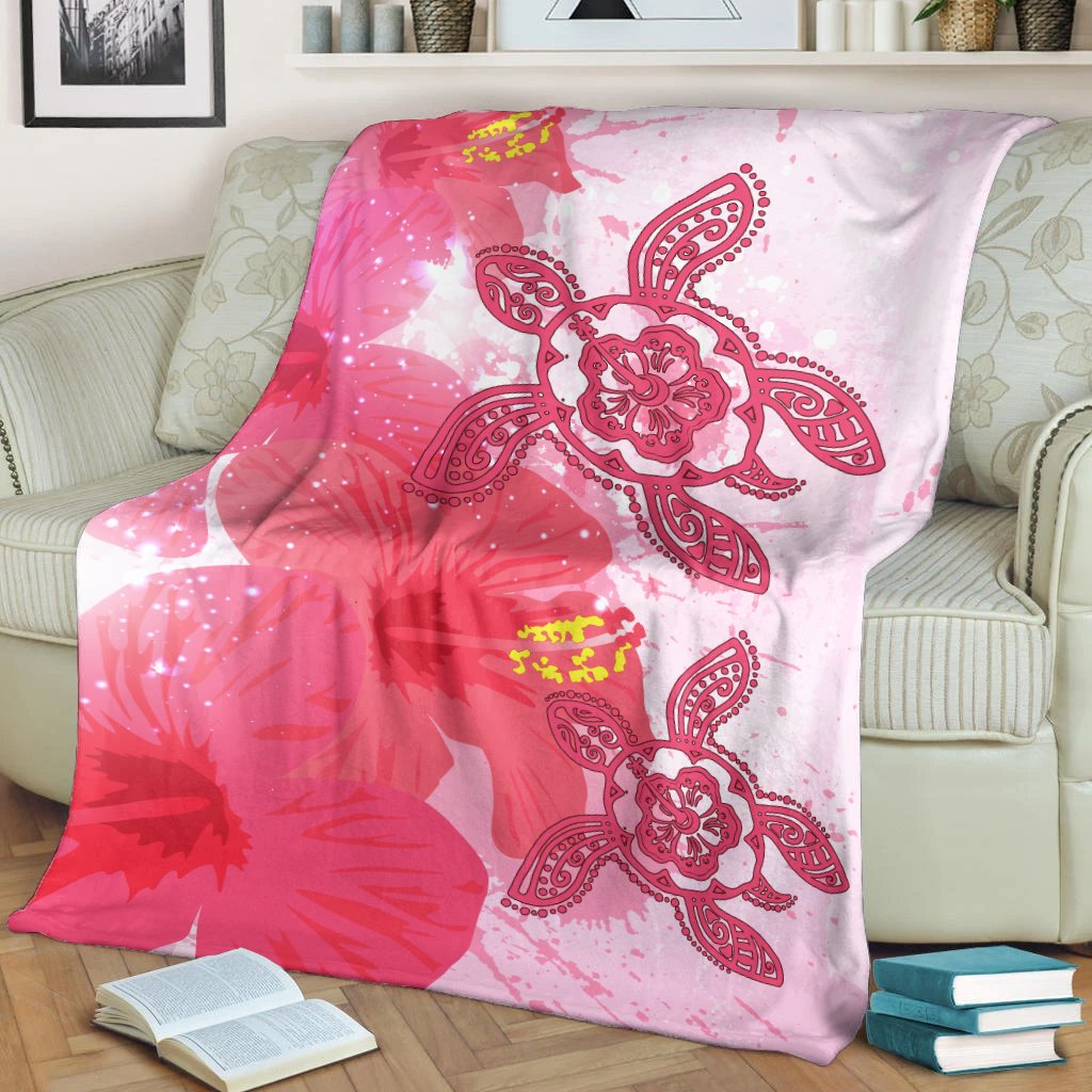 Hawaii Turtle Hibiscus Polynesian Premium Blanket - Pinky Style - AH White - Polynesian Pride