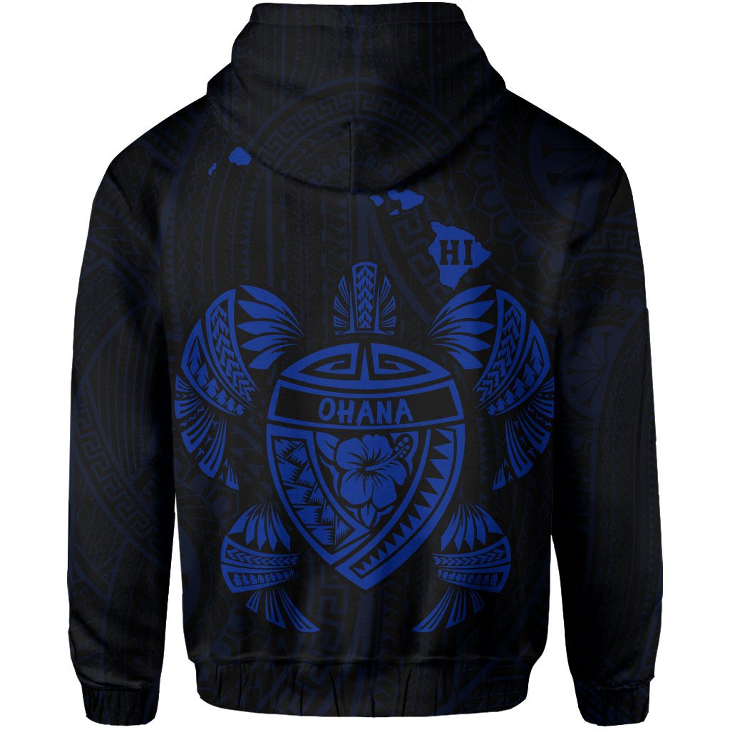Polynesian Kakau Turtle Ohana Map of Hawaii Zip Hoodie Blue - Polynesian Pride