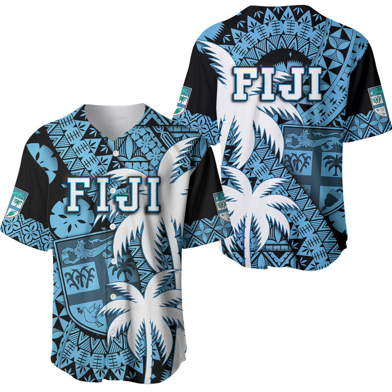 Fiji Coat Of Arms Baseball Jersey Masi Tapa Mixed Palm Tree No1 Blue Version LT9 Blue - Polynesian Pride