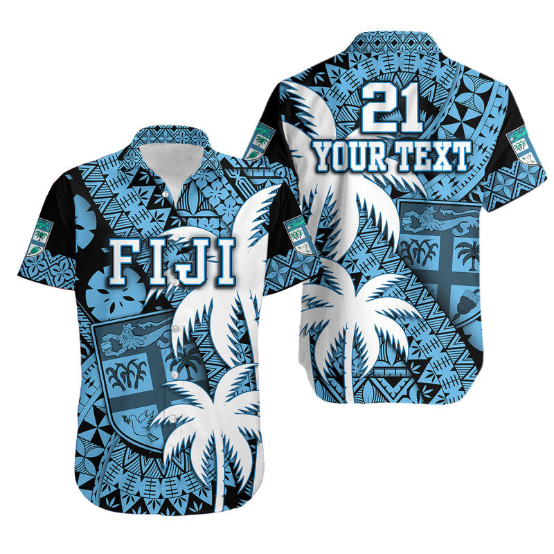 (Custom Personalised) Fiji Coat Of Arms Hawaiian Shirt Masi Tapa Mixed Palm Tree No1 Blue Version LT9 Unisex Blue - Polynesian Pride