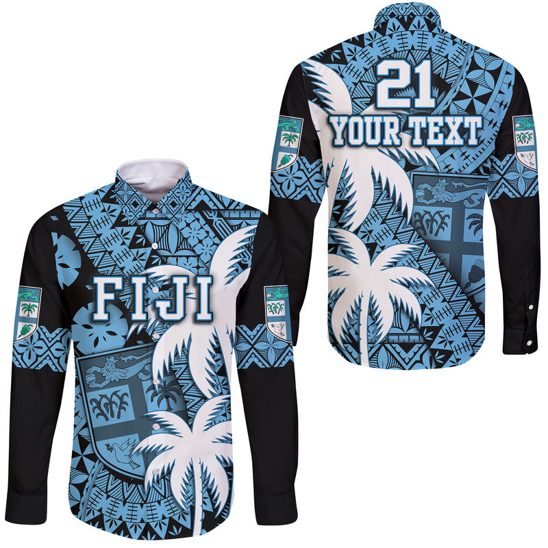 (Custom Personalised) Fiji Coat Of Arms Hawaii Long Sleeve Button Shirt Masi Tapa Mixed Palm Tree No1 Blue Version LT9 Unisex Blue - Polynesian Pride