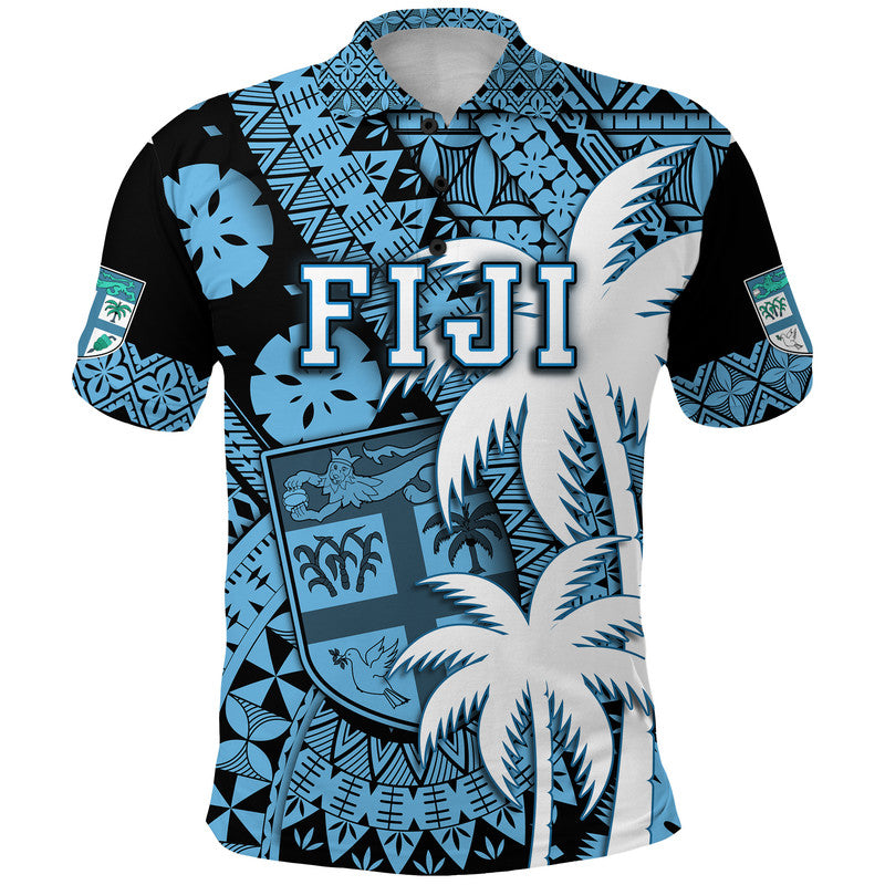 Custom Fiji Coat Of Arms Polo Shirt Masi Tapa Mixed Palm Tree No1 Blue Version LT9 Blue - Polynesian Pride