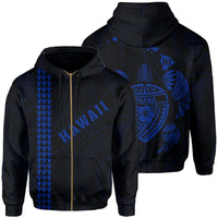 Polynesian Kakau Turtle Ohana Map of Hawaii Zip Hoodie Blue Unisex Blue - Polynesian Pride