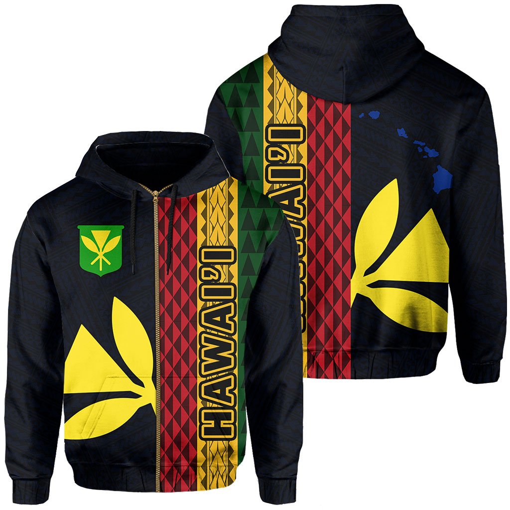 Polynesian Kakau Kanaka Flag Map of Hawaii Zip Hoodie Blue Unisex Blue - Polynesian Pride