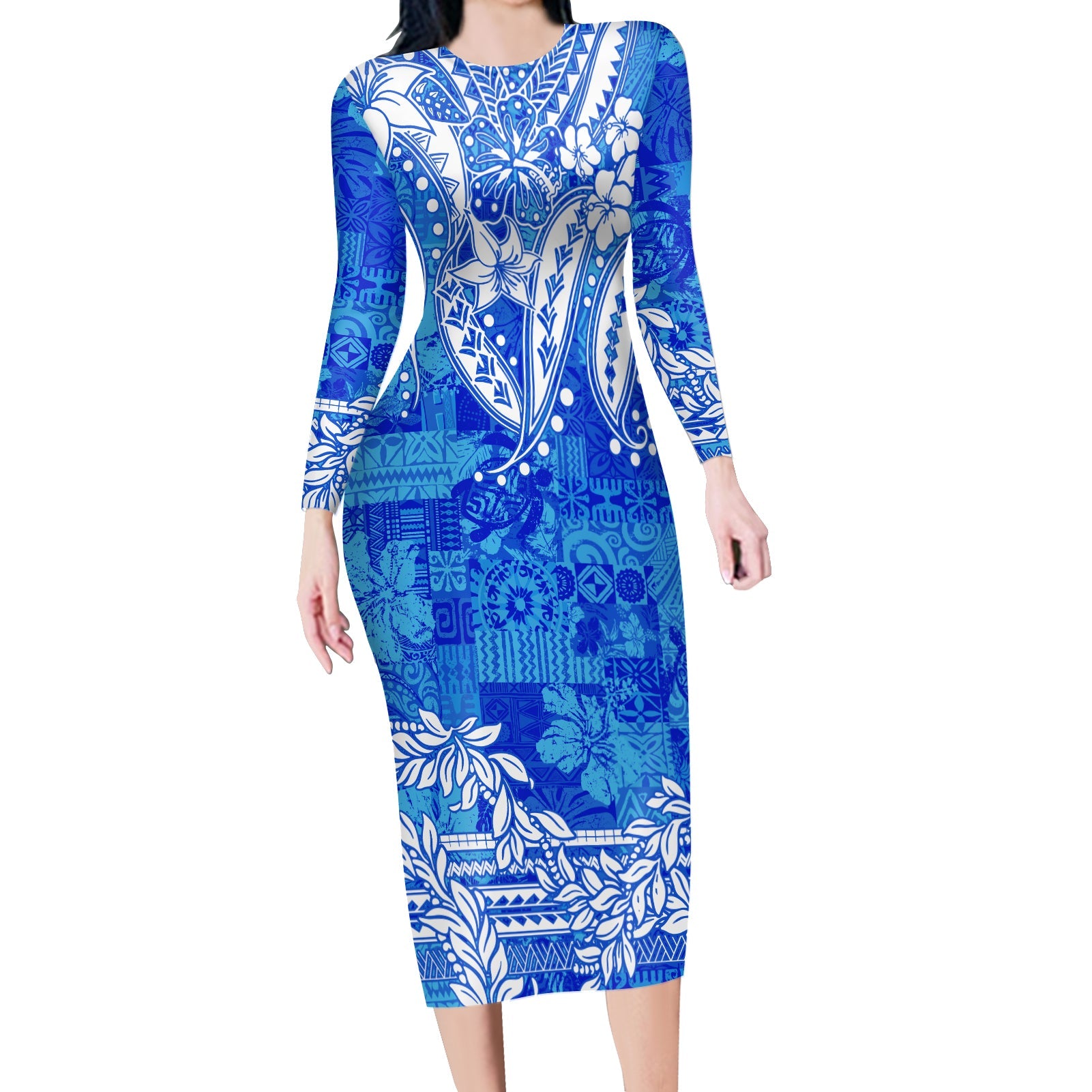 Polynesian Long Sleeves Bodycon Dress Tapa Plumeria Style - Blue LT7 Polyester/spandex Blue - Polynesian Pride