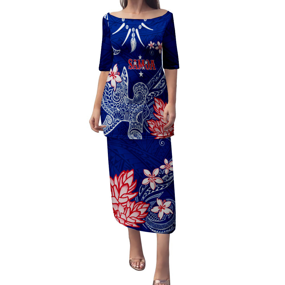 Samoa Puletasi Dress Ula Shark Nifo Mix Teuila Flower - Blue LT7 Women Blue - Polynesian Pride